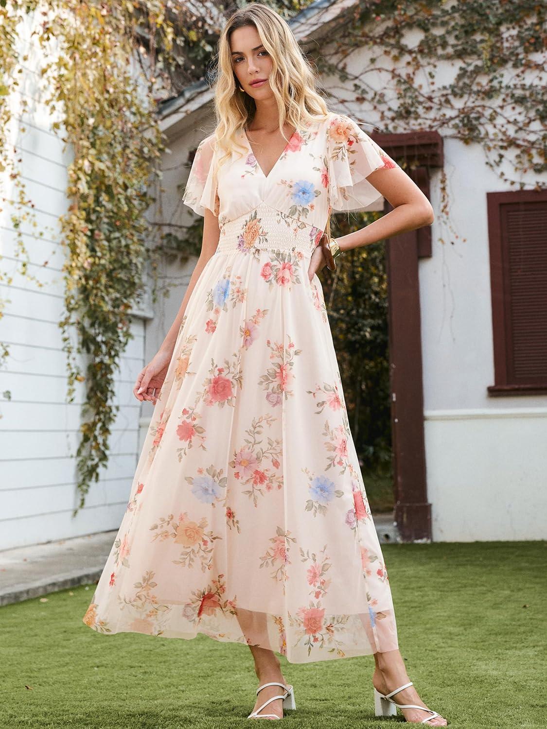 image:imageANRABESS Women Summer Floral Maxi Dress Short Sleeve Boho Flowy Tulle Beach Vacation Wedding Guest 2026 Party Long DressesMulticolored Rose Apricot