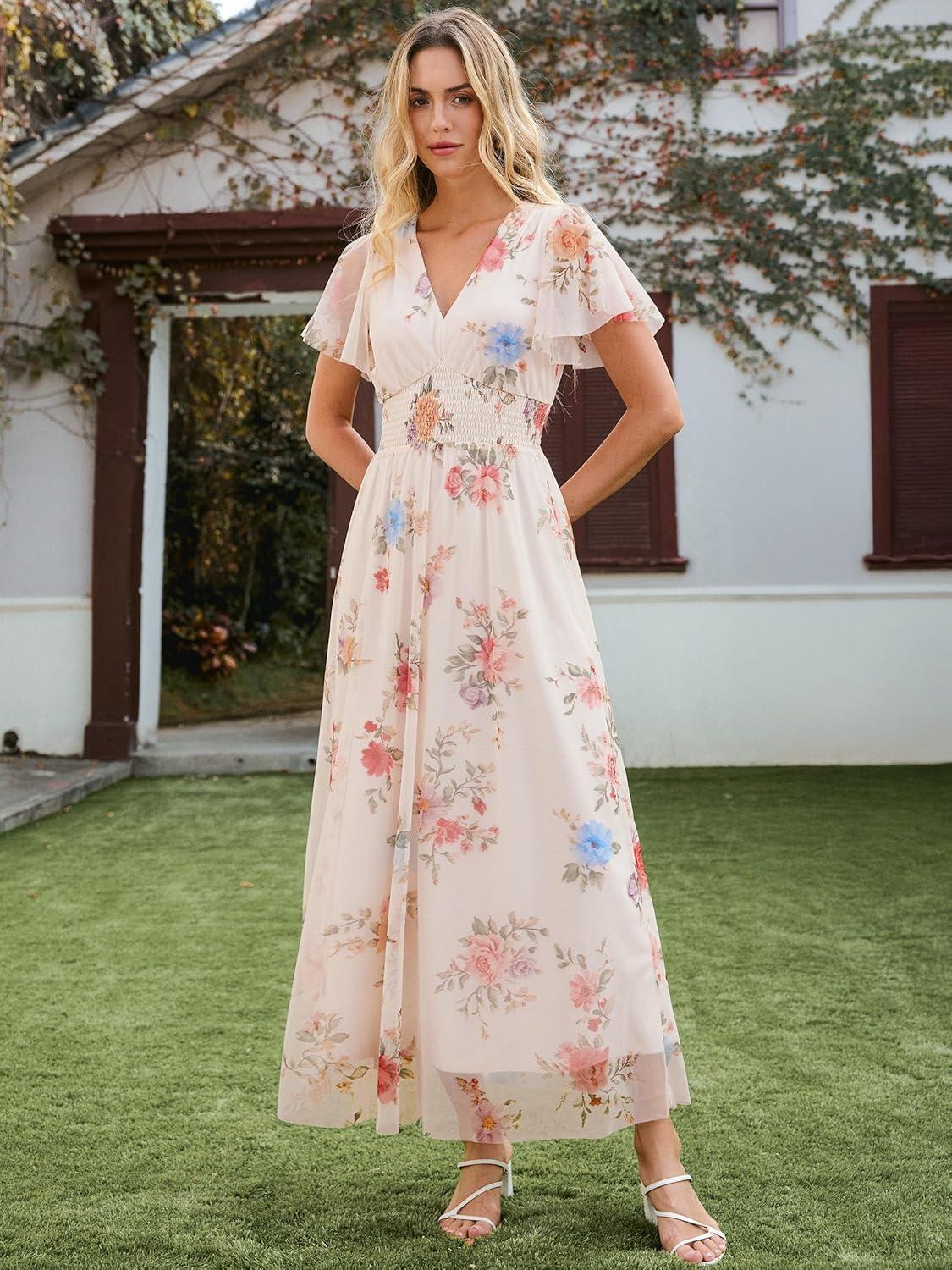 image:imageANRABESS Women Summer Floral Maxi Dress Short Sleeve Boho Flowy Tulle Beach Vacation Wedding Guest 2026 Party Long DressesMulticolored Rose Apricot
