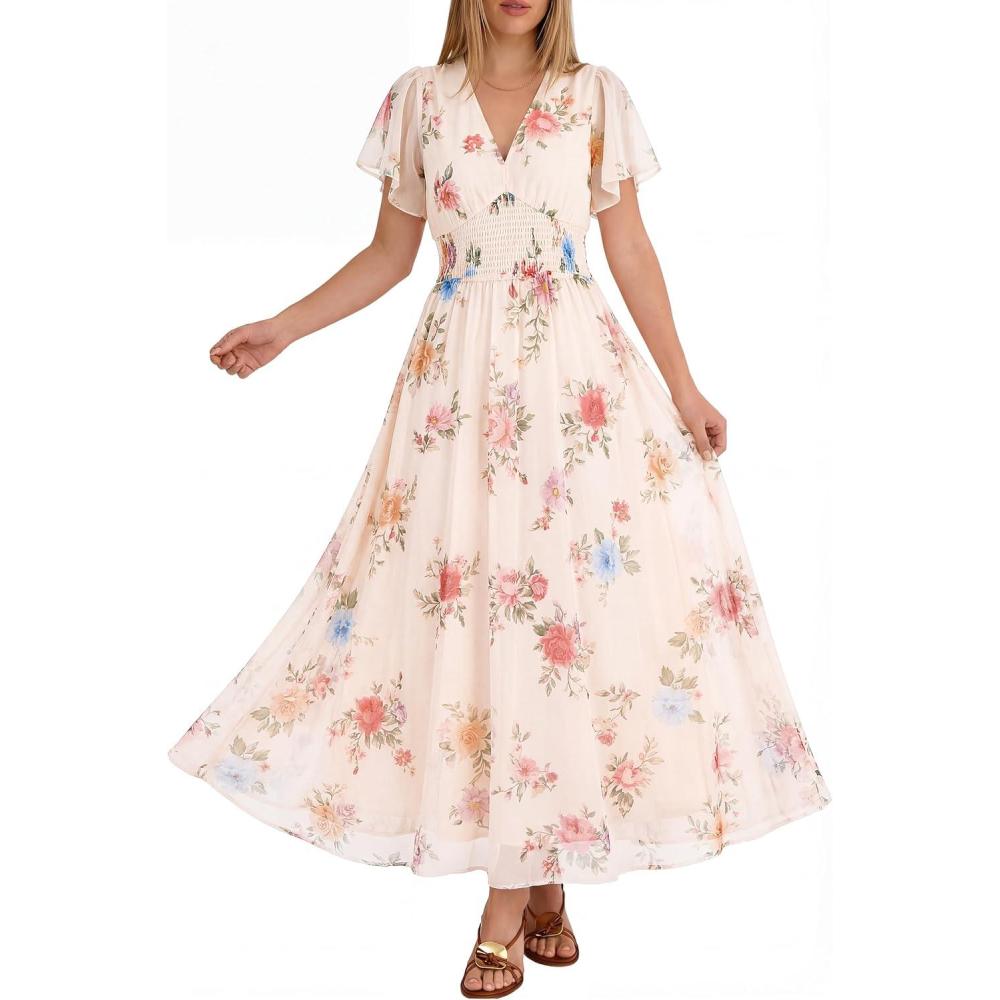 image:imageANRABESS Women Summer Floral Maxi Dress Short Sleeve Boho Flowy Tulle Beach Vacation Wedding Guest 2026 Party Long DressesMulticolored Rose Apricot