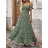 image:imageANRABESS Womens Summer Casual Off The Shoulder Maxi Long Dress 2026 Smocked Ruffle Strap Backless Flowy Tiered Beach SundressLight Green