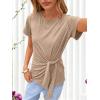 image:imageANRABESS Womens Tops Summer Short Sleeve Crewneck Tie Waist Shirts Dressy Casual Blouse Tee 2026 Business Work Trendy ClothesLight Tan