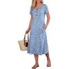 image:imageANRABESS Womens Summer Midi Dress Short Sleeve Button Up Crewneck Casual 2026 Beach Vacation Loose Dresses with PocketsFloral Blue White