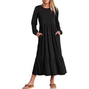 image:imageANRABESS Long Sleeve Midi Dresses for Women Casual 2026 Spring Crewneck A Line Tiered Flowy Loose Trendy Dresses with PocketsBlack