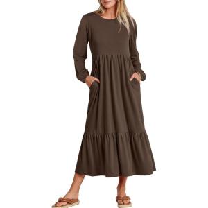 image:imageANRABESS Long Sleeve Midi Dresses for Women Casual 2026 Spring Crewneck A Line Tiered Flowy Loose Trendy Dresses with PocketsCoffee
