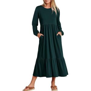 image:imageANRABESS Long Sleeve Midi Dresses for Women Casual 2026 Spring Crewneck A Line Tiered Flowy Loose Trendy Dresses with PocketsDark Green