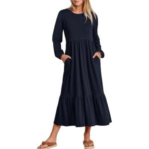 image:imageANRABESS Long Sleeve Midi Dresses for Women Casual 2026 Spring Crewneck A Line Tiered Flowy Loose Trendy Dresses with PocketsDark Navy Blue