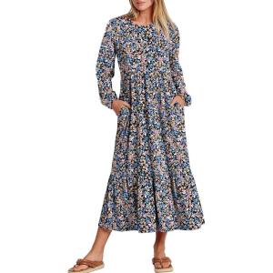 image:imageANRABESS Long Sleeve Midi Dresses for Women Casual 2026 Spring Crewneck A Line Tiered Flowy Loose Trendy Dresses with PocketsFloral Blue Purple