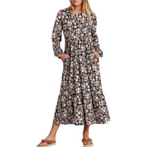 image:imageANRABESS Long Sleeve Midi Dresses for Women Casual 2026 Spring Crewneck A Line Tiered Flowy Loose Trendy Dresses with PocketsFloral Navy Blue Pink