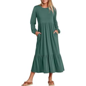image:imageANRABESS Long Sleeve Midi Dresses for Women Casual 2026 Spring Crewneck A Line Tiered Flowy Loose Trendy Dresses with PocketsGrass Green