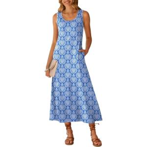 image:imageANRABESS Maxi Dresses for WomenScoop Neck Sleeveless Long Tank DressSummer Casual Sundress for BeachTravel amp VacationBlue White Printed