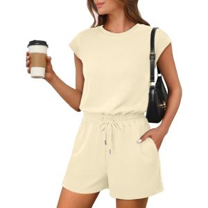image:imageANRABESS Rompers for Women Summer 2026 Casual Cap Sleeve Crewneck Drawstring One Piece Jumpsuit Outfits with PocketsBeige