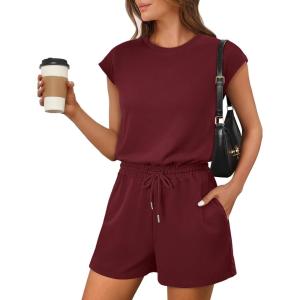 image:imageANRABESS Rompers for Women Summer 2026 Casual Cap Sleeve Crewneck Drawstring One Piece Jumpsuit Outfits with PocketsBurgundy