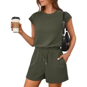image:imageANRABESS Rompers for Women Summer 2026 Casual Cap Sleeve Crewneck Drawstring One Piece Jumpsuit Outfits with PocketsDark Green
