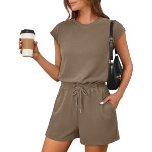 image:imageANRABESS Rompers for Women Summer 2026 Casual Cap Sleeve Crewneck Drawstring One Piece Jumpsuit Outfits with PocketsKhaiki