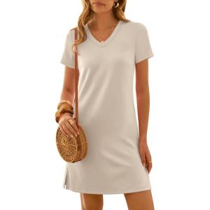 image:imageANRABESS Summer Dress for Women 2026 Beach Vacation Clothes Short Sleeve V Neck Casual T Shirt Sundresses Travel HolidayBeige