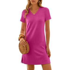 image:imageANRABESS Summer Dress for Women 2026 Beach Vacation Clothes Short Sleeve V Neck Casual T Shirt Sundresses Travel HolidayHot Pink