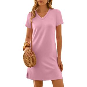 image:imageANRABESS Summer Dress for Women 2026 Beach Vacation Clothes Short Sleeve V Neck Casual T Shirt Sundresses Travel HolidayPink