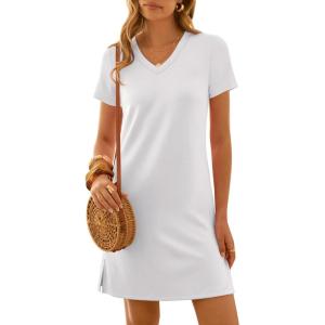 image:imageANRABESS Summer Dress for Women 2026 Beach Vacation Clothes Short Sleeve V Neck Casual T Shirt Sundresses Travel HolidayWhite