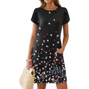 image:imageANRABESS Swimsuit Coverup for Women Crew Neck Short Sleeve Beach Sundresses Summer T Shirt Dress with Pockets PlainPrintFloral Black