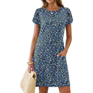 image:imageANRABESS Swimsuit Coverup for Women Crew Neck Short Sleeve Beach Sundresses Summer T Shirt Dress with Pockets PlainPrintFloral Blue White