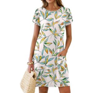 image:imageANRABESS Swimsuit Coverup for Women Crew Neck Short Sleeve Beach Sundresses Summer T Shirt Dress with Pockets PlainPrintFloral Leaves
