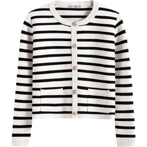 image:imageANRABESS Women Striped Cardigan Sweaters Button Down Cropped Knit Lady Jackets Coat 2025 Fall Outfits Trendy ClothesWhite Black Stripe