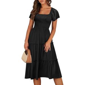 image:imageANRABESS Women Summer Casual Square Neck Flutter Sleeve Boho Smocked ALine Flowy Tiered Modest Midi Sun Dress with PocketsBlack