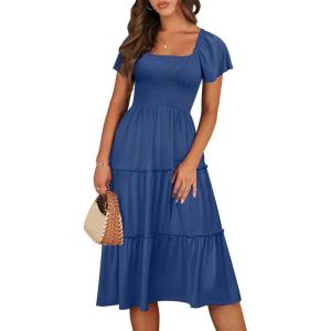 image:imageANRABESS Women Summer Casual Square Neck Flutter Sleeve Boho Smocked ALine Flowy Tiered Modest Midi Sun Dress with PocketsBlue
