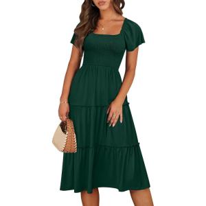image:imageANRABESS Women Summer Casual Square Neck Flutter Sleeve Boho Smocked ALine Flowy Tiered Modest Midi Sun Dress with PocketsDark Green