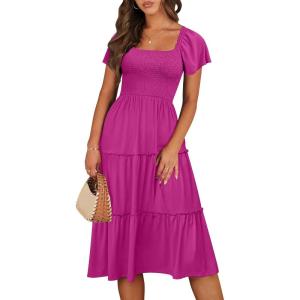 image:imageANRABESS Women Summer Casual Square Neck Flutter Sleeve Boho Smocked ALine Flowy Tiered Modest Midi Sun Dress with PocketsHot Pink
