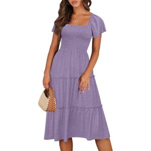 image:imageANRABESS Women Summer Casual Square Neck Flutter Sleeve Boho Smocked ALine Flowy Tiered Modest Midi Sun Dress with PocketsLight Purple