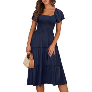 image:imageANRABESS Women Summer Casual Square Neck Flutter Sleeve Boho Smocked ALine Flowy Tiered Modest Midi Sun Dress with PocketsNavy Blue