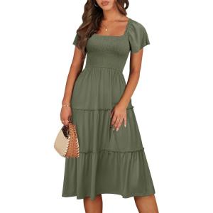 image:imageANRABESS Women Summer Casual Square Neck Flutter Sleeve Boho Smocked ALine Flowy Tiered Modest Midi Sun Dress with PocketsOlive
