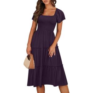 image:imageANRABESS Women Summer Casual Square Neck Flutter Sleeve Boho Smocked ALine Flowy Tiered Modest Midi Sun Dress with PocketsPurple