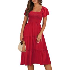 image:imageANRABESS Women Summer Casual Square Neck Flutter Sleeve Boho Smocked ALine Flowy Tiered Modest Midi Sun Dress with PocketsRed