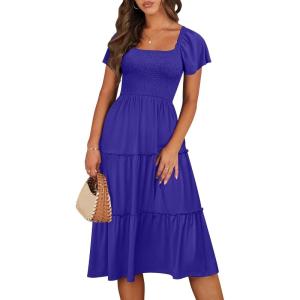 image:imageANRABESS Women Summer Casual Square Neck Flutter Sleeve Boho Smocked ALine Flowy Tiered Modest Midi Sun Dress with PocketsRoyal Blue