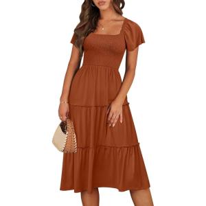 image:imageANRABESS Women Summer Casual Square Neck Flutter Sleeve Boho Smocked ALine Flowy Tiered Modest Midi Sun Dress with PocketsRust Red