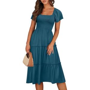 image:imageANRABESS Women Summer Casual Square Neck Flutter Sleeve Boho Smocked ALine Flowy Tiered Modest Midi Sun Dress with PocketsTeal