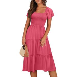 image:imageANRABESS Women Summer Casual Square Neck Flutter Sleeve Boho Smocked ALine Flowy Tiered Modest Midi Sun Dress with PocketsWatermelon