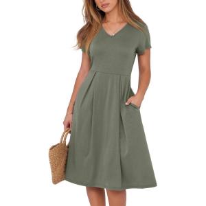 image:imageANRABESS Women Summer Dress Casual Short Sleeve V Neck ALine Knee Length Pleated Flowy 2026 Fashion Midi Dresses with PocketArmy Green