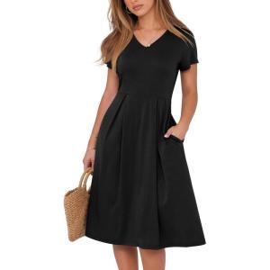 image:imageANRABESS Women Summer Dress Casual Short Sleeve V Neck ALine Knee Length Pleated Flowy 2026 Fashion Midi Dresses with PocketBlack