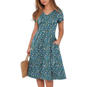 image:imageANRABESS Women Summer Dress Casual Short Sleeve V Neck ALine Knee Length Pleated Flowy 2026 Fashion Midi Dresses with PocketBlack Blue Floral