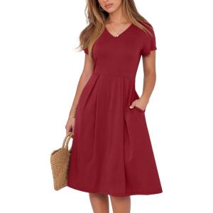 image:imageANRABESS Women Summer Dress Casual Short Sleeve V Neck ALine Knee Length Pleated Flowy 2026 Fashion Midi Dresses with PocketBurgundy