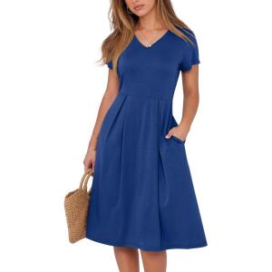 image:imageANRABESS Women Summer Dress Casual Short Sleeve V Neck ALine Knee Length Pleated Flowy 2026 Fashion Midi Dresses with PocketDark Blue