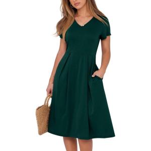 image:imageANRABESS Women Summer Dress Casual Short Sleeve V Neck ALine Knee Length Pleated Flowy 2026 Fashion Midi Dresses with PocketDark Green