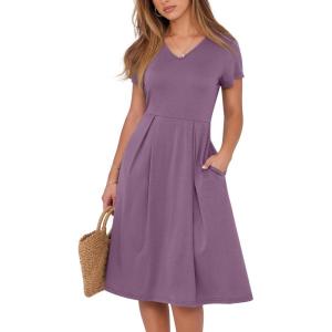 image:imageANRABESS Women Summer Dress Casual Short Sleeve V Neck ALine Knee Length Pleated Flowy 2026 Fashion Midi Dresses with PocketDark Purple