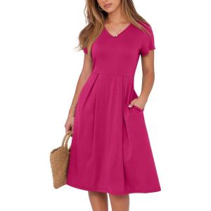 image:imageANRABESS Women Summer Dress Casual Short Sleeve V Neck ALine Knee Length Pleated Flowy 2026 Fashion Midi Dresses with PocketHot Pink