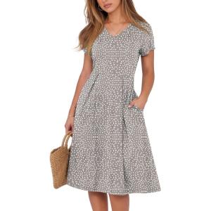 image:imageANRABESS Women Summer Dress Casual Short Sleeve V Neck ALine Knee Length Pleated Flowy 2026 Fashion Midi Dresses with PocketKhaki Polka Dot