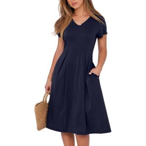 image:imageANRABESS Women Summer Dress Casual Short Sleeve V Neck ALine Knee Length Pleated Flowy 2026 Fashion Midi Dresses with PocketNavy Blue