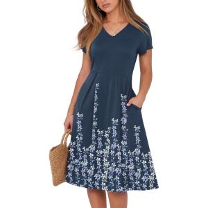 image:imageANRABESS Women Summer Dress Casual Short Sleeve V Neck ALine Knee Length Pleated Flowy 2026 Fashion Midi Dresses with PocketNavy Blue Floral